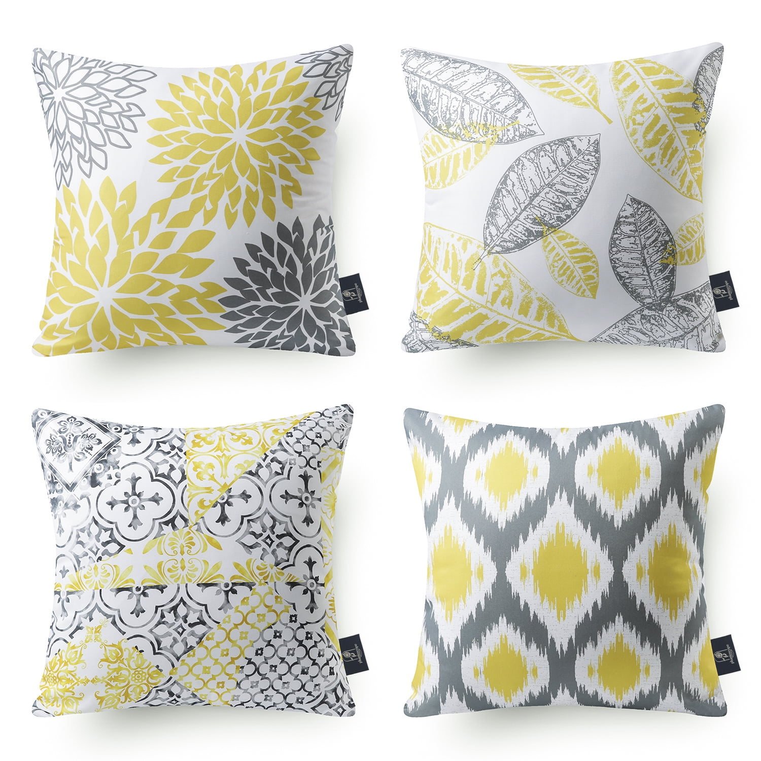 Yellow and Gray Geometric Polyester Square Throw Pillow Set