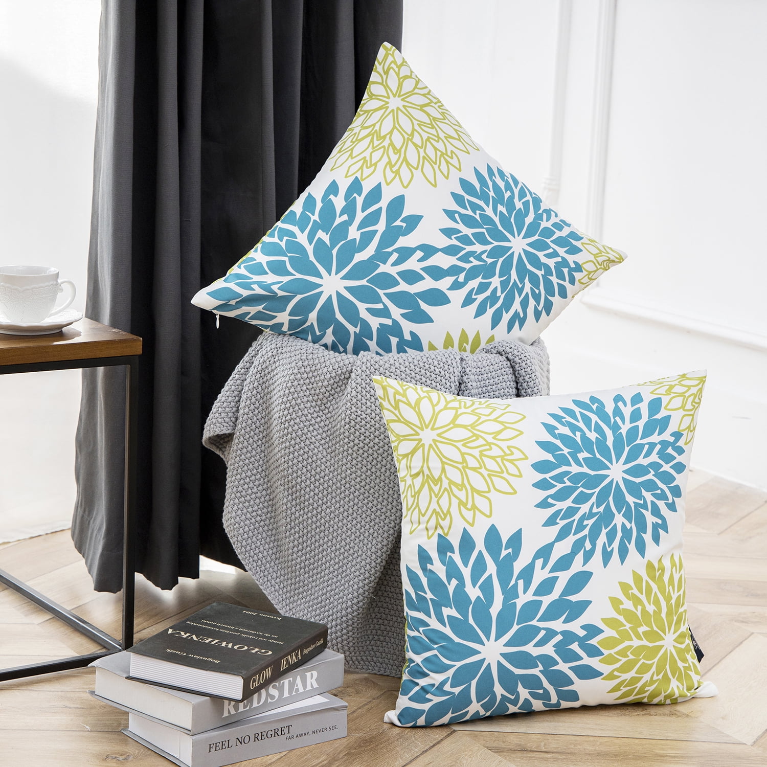 Phantoscope New Living Series Single-sided Printing Decorative Throw Pillow Cover, 18" x18 ", Blue Green Flower, 2 Pack
