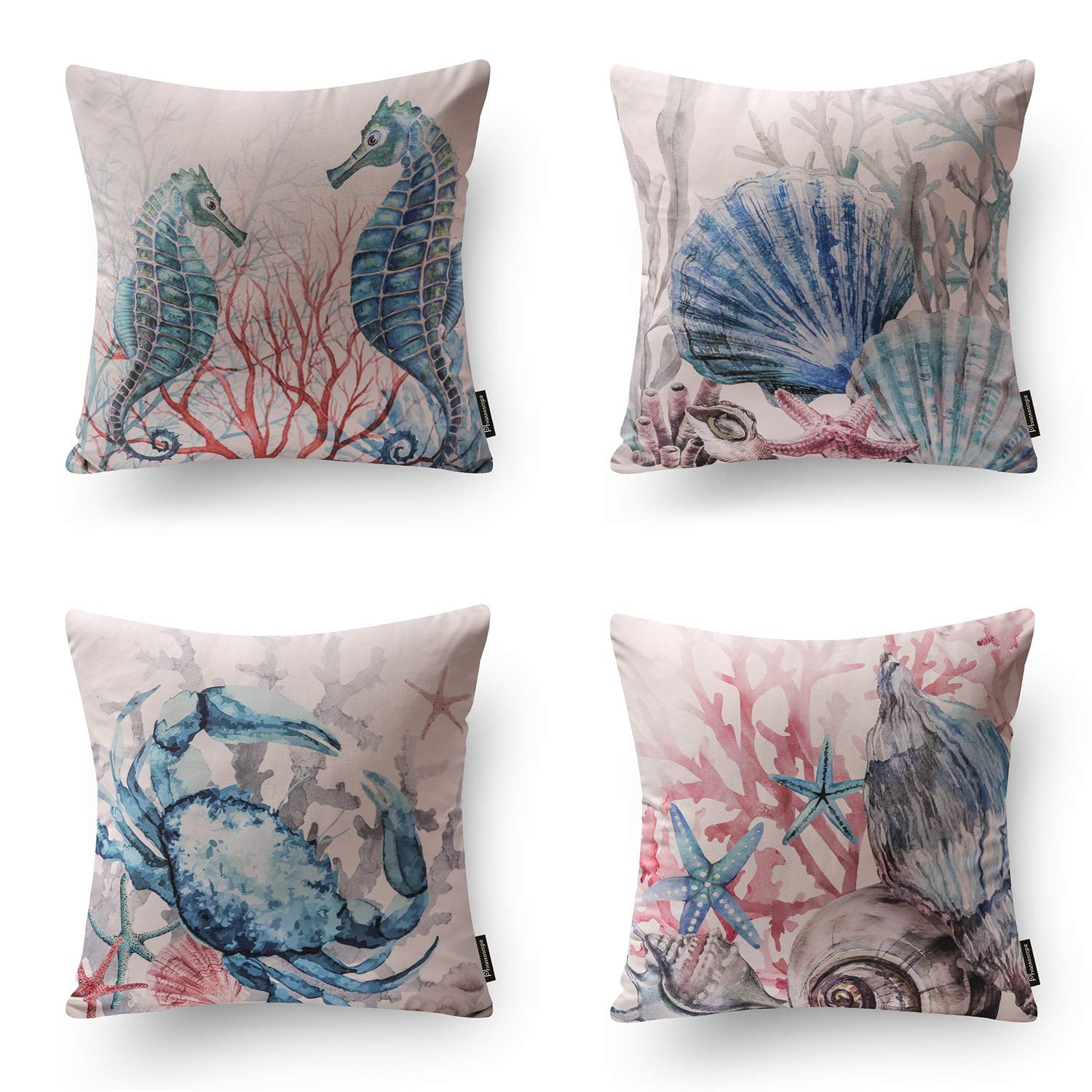 Phantoscope Ocean Series Decorative Throw Pillow Cover, 18" x 18", Pink Marine Animals, 4 Pack