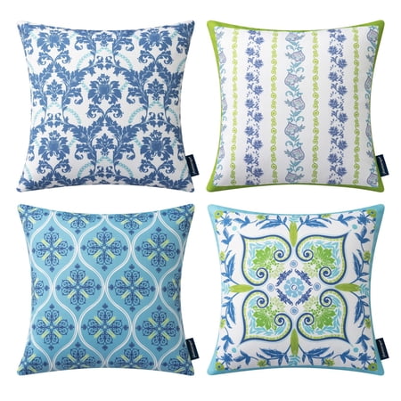 Phantoscope Outdoor Throw Pillows, Waterproof Boho Geometric Decorative Pillows, Floral Patio Accent Pillows, Blue/Cyan/Green, 18 x 18 in, Set of 4