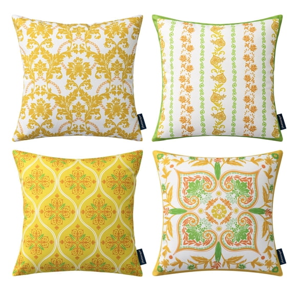 Phantoscope Outdoor Throw Pillows, Waterproof Boho Geometric Decorative Pillows, Floral Patio Accent Pillows, Yellow/Green, 18 x 18 in, Set of 4