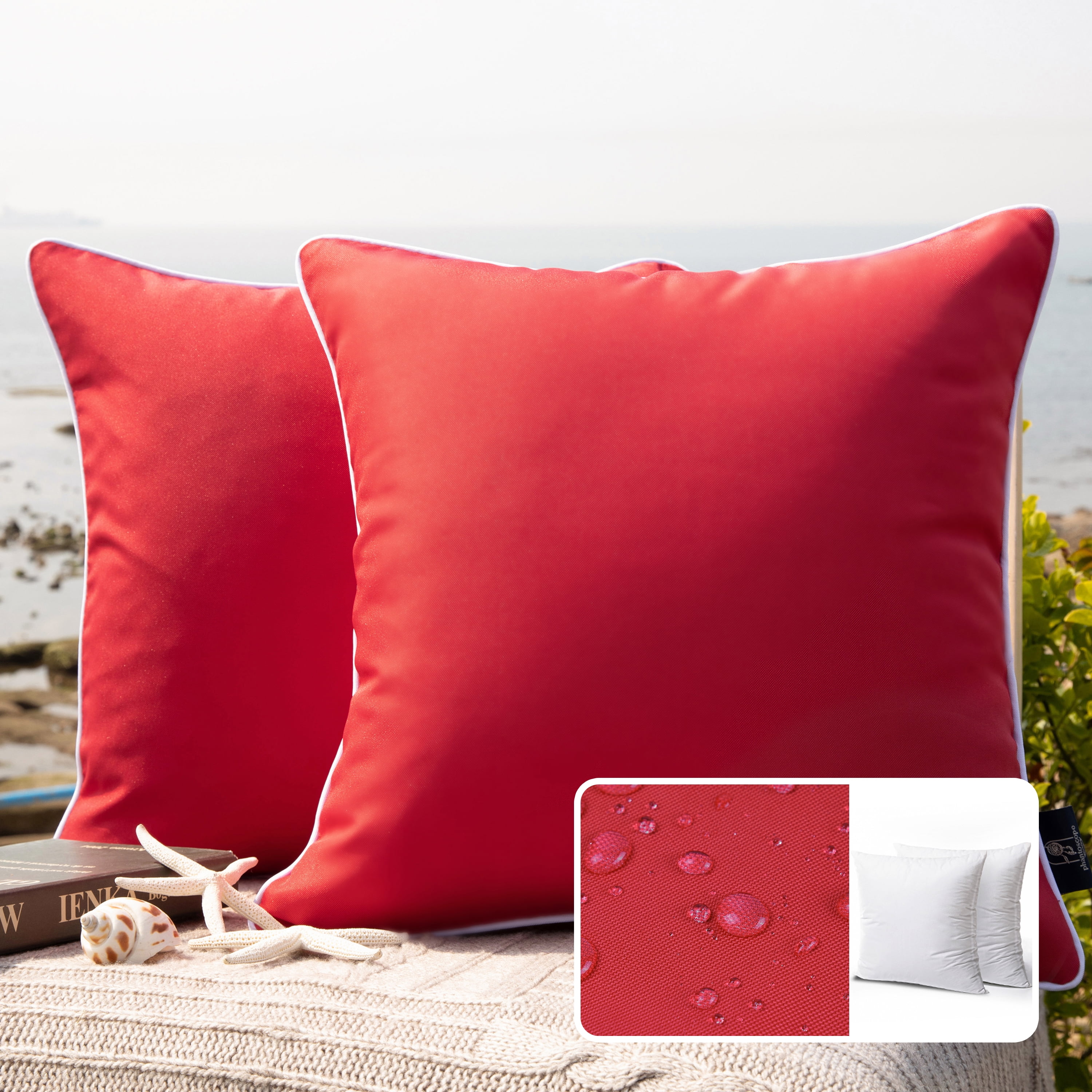 Phantoscope Outdoor Waterproof Decorative Throw Pillow, 18" x 18", Red, Pack of 2