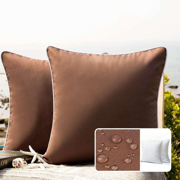 Phantoscope Outdoor Waterproof Decorative Throw Pillow for Patio, 18" x 18", Brown, 2 Pack