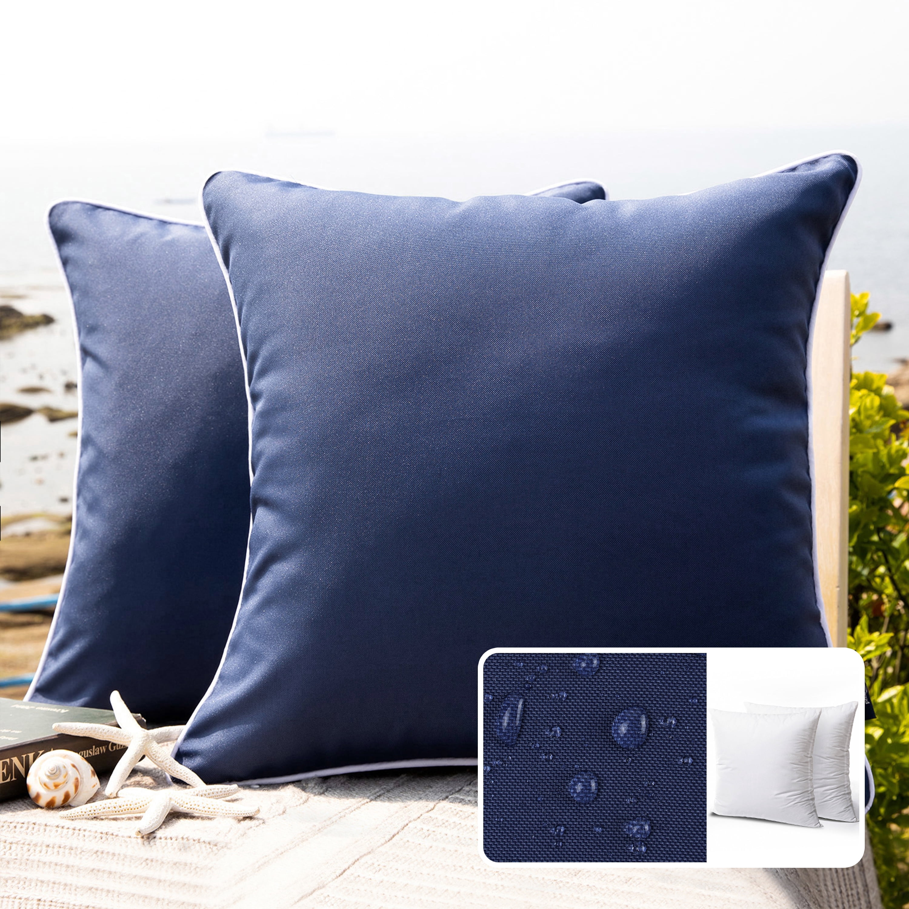 Phantoscope Summer Waterproof Square Cusion Outdoor Decorative Throw Pillow for Patio, 20" x 20", Navy Blue, 2 Pack