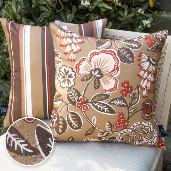 Phantoscope Outdoor Waterproof Floral Printed Decorative Throw Pillow Cover for Patio Garden, Light Coffee 20x20 Inch, Pack of 2