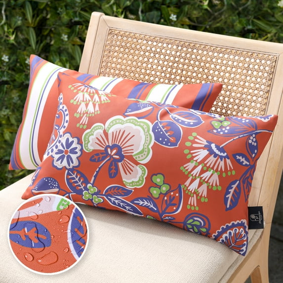 Phantoscope Outdoor Waterproof Floral Printed Decorative Throw Pillow Cover for Patio Garden, Orange Red 12x20 Inch, Pack of 2
