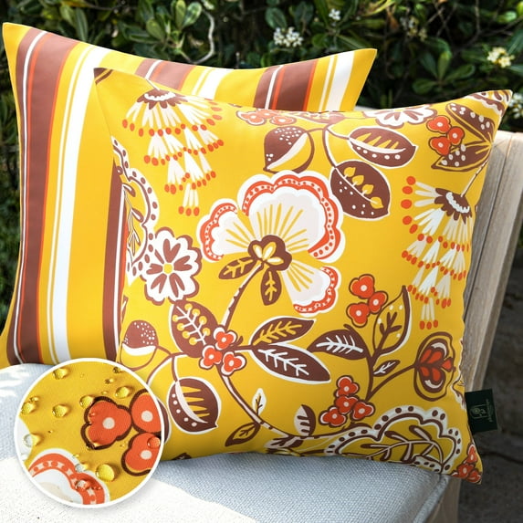Phantoscope Outdoor Waterproof Floral Printed Decorative Throw Pillow Cover for Patio Garden, Yellow 20x20 Inch, Pack of 2
