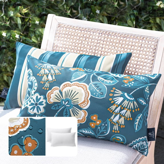 Phantoscope Outdoor Waterproof Floral Printed Decorative Throw Pillow for Patio Garden, Dark Blue 12x20 Inch, Pack of 2