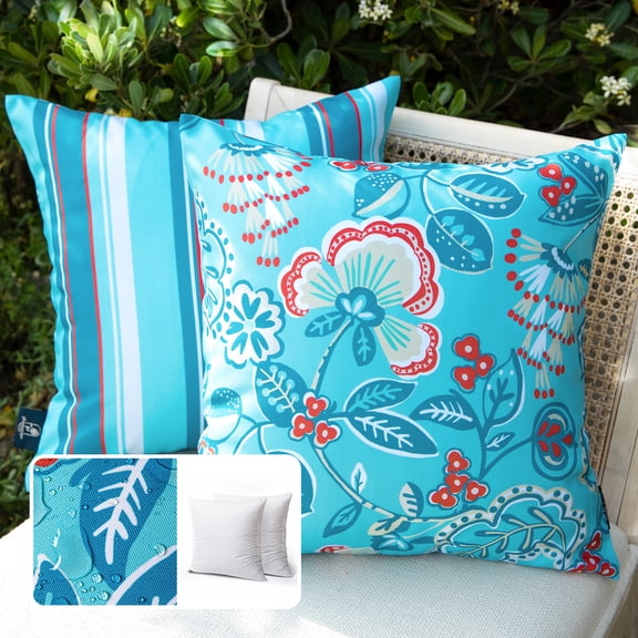Phantoscope Outdoor Waterproof Floral Printed Decorative Throw Pillow for Patio Garden, Turquoise 20x20 Inch, Pack of 2