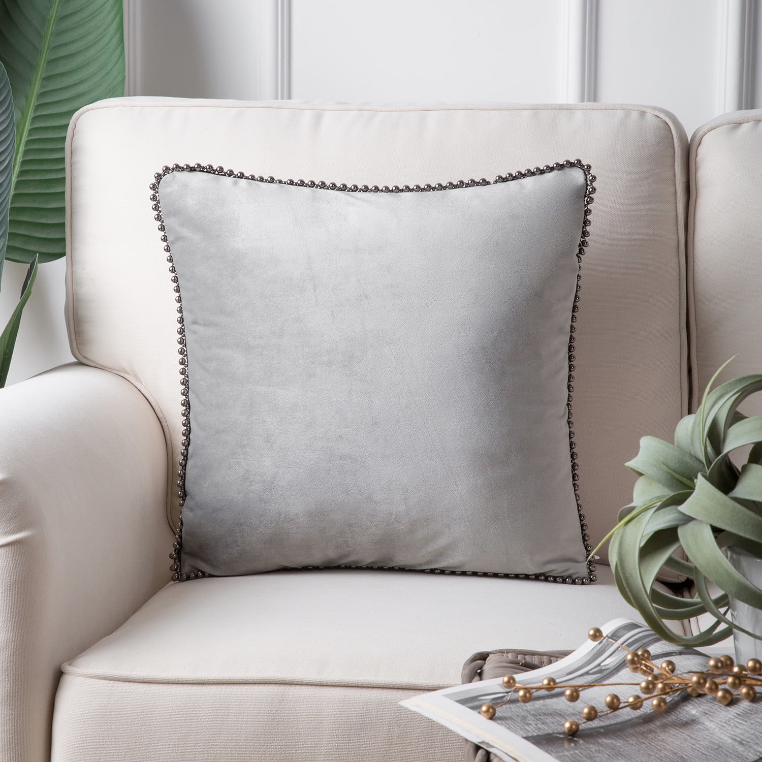 Phantoscope Particles Trimmed Soft Velvet Throw Pillow, 18" x 18", Gray with Silver Particles, 1 Pack