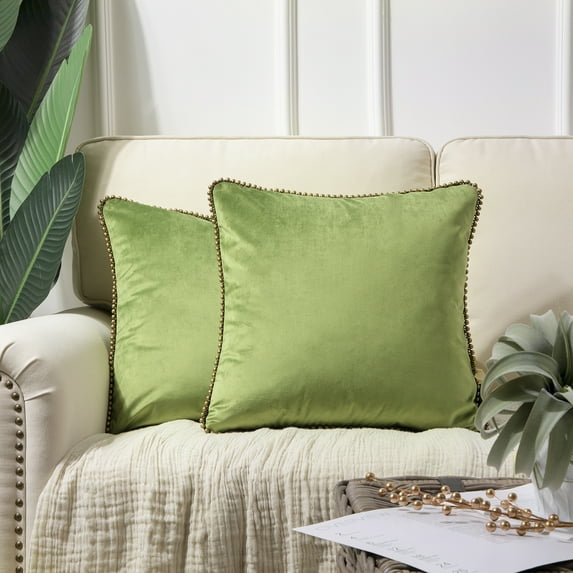 Phantoscope Particles Trimmed Soft Velvet Throw Pillow, 18" x 18", Green with Bronze Color Particles, 2 Pack