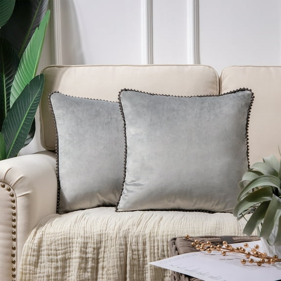 Phantoscope Particles Trimmed Soft Velvet Throw Pillow, 18" x 18", Grey with Silver Color Particles, 2 Pack