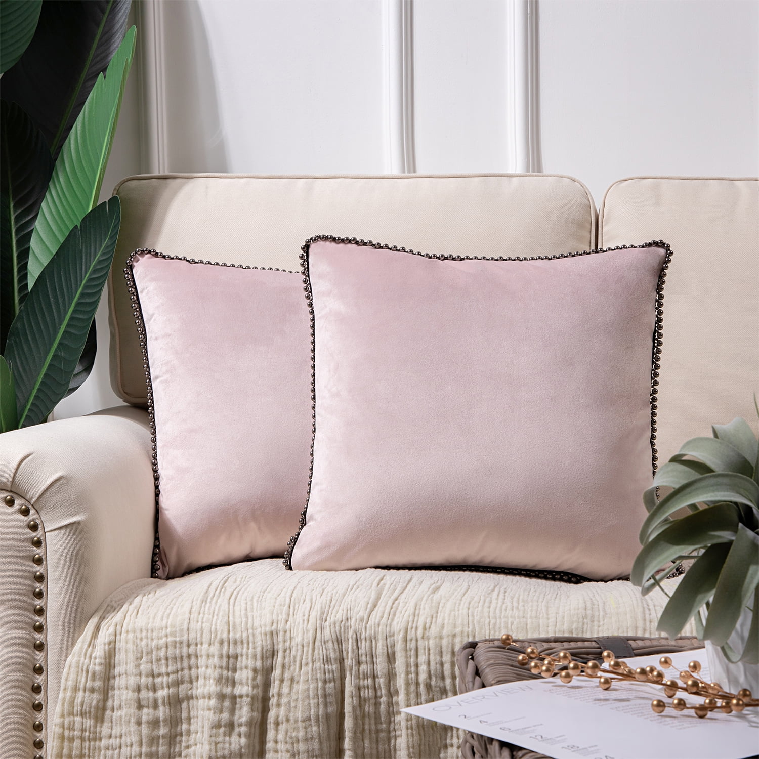Phantoscope Particles Trimmed Soft Velvet Throw Pillow, 18" x 18", Light Pink with Silver Color Particles, 2 Pack