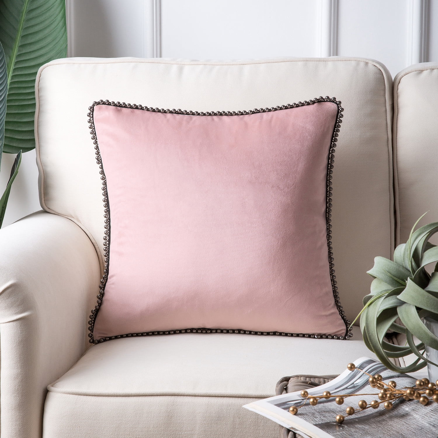 Phantoscope Particles Trimmed Soft Velvet Throw Pillow, 18" x 18", Light Pink with Silver Particles, 1 Pack