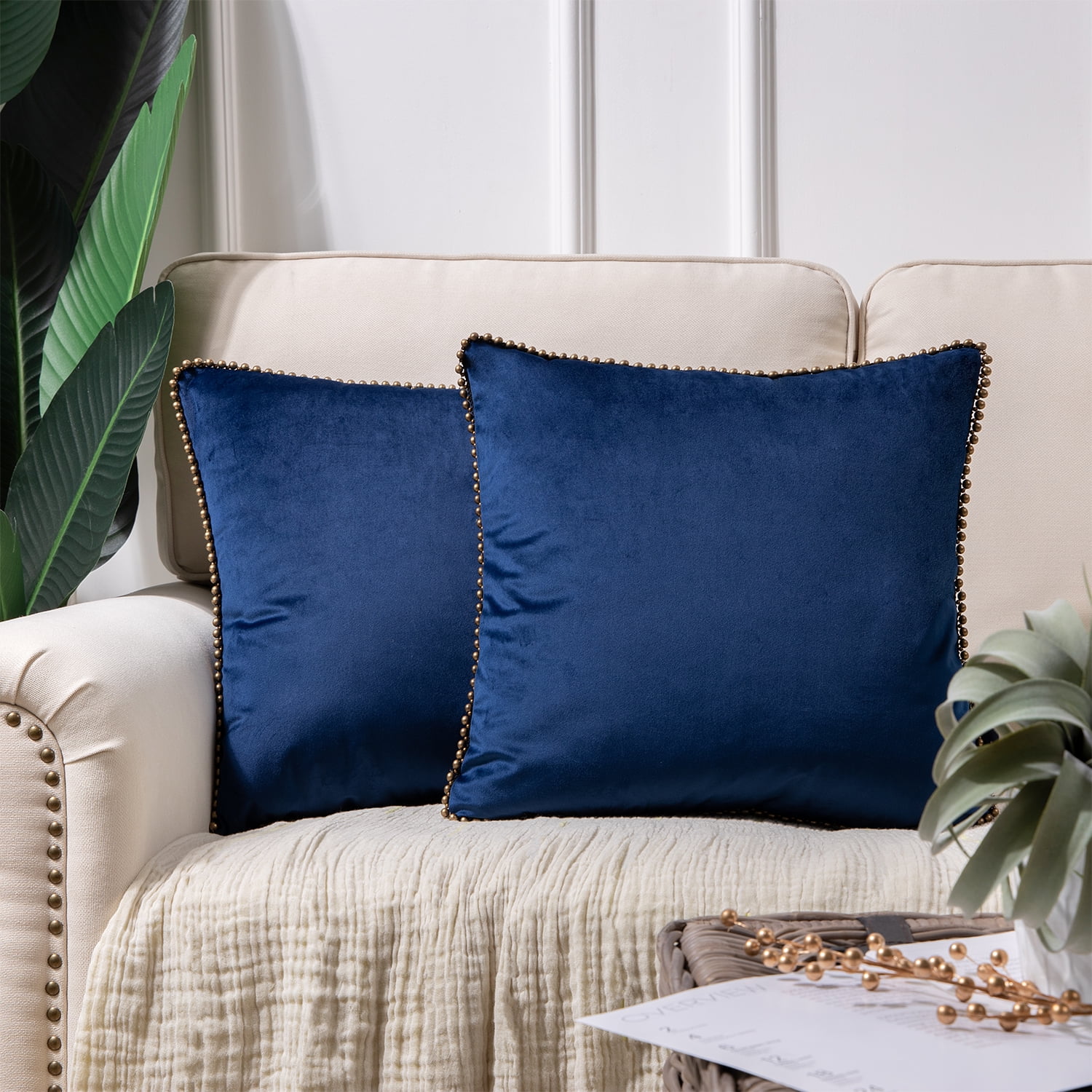 Phantoscope Particles Trimmed Soft Velvet Throw Pillow, 18" x 18", Navy Blue with Bronze Color Particles, 2 Pack