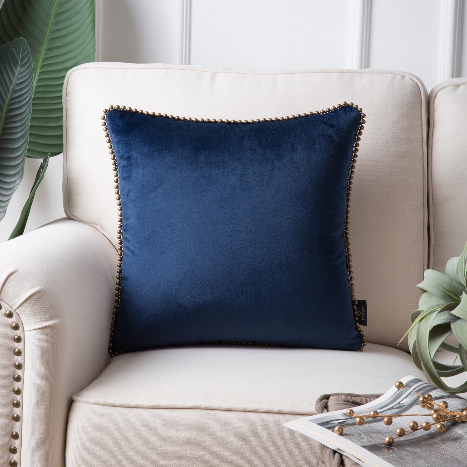 Phantoscope Particles Trimmed Soft Velvet Throw Pillow, 18" x 18", Navy Blue with Bronze Particles, 1 Pack