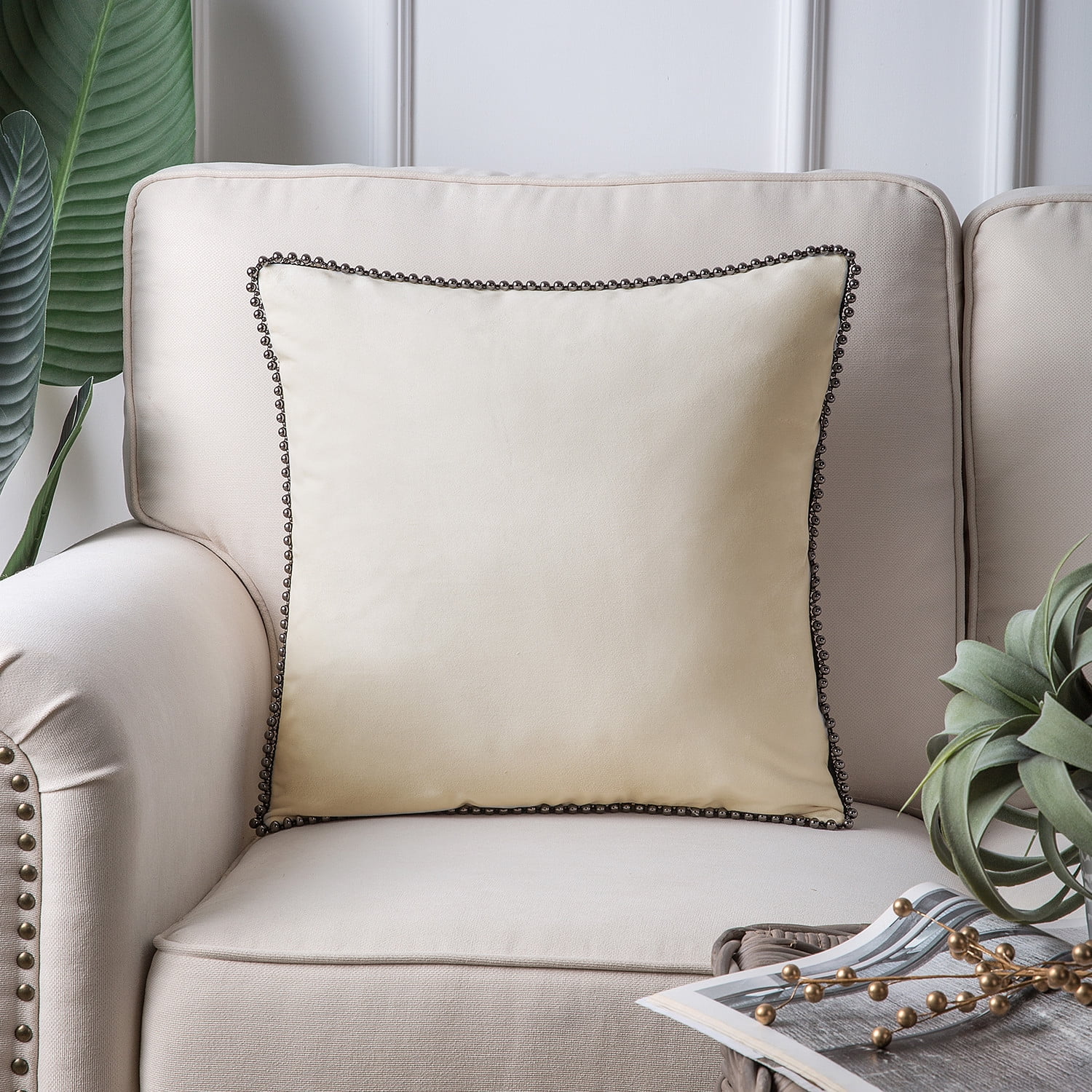 Phantoscope Particles Trimmed Soft Velvet Throw Pillow, 18" x 18", Off White with Silver Particles, 1 Pack