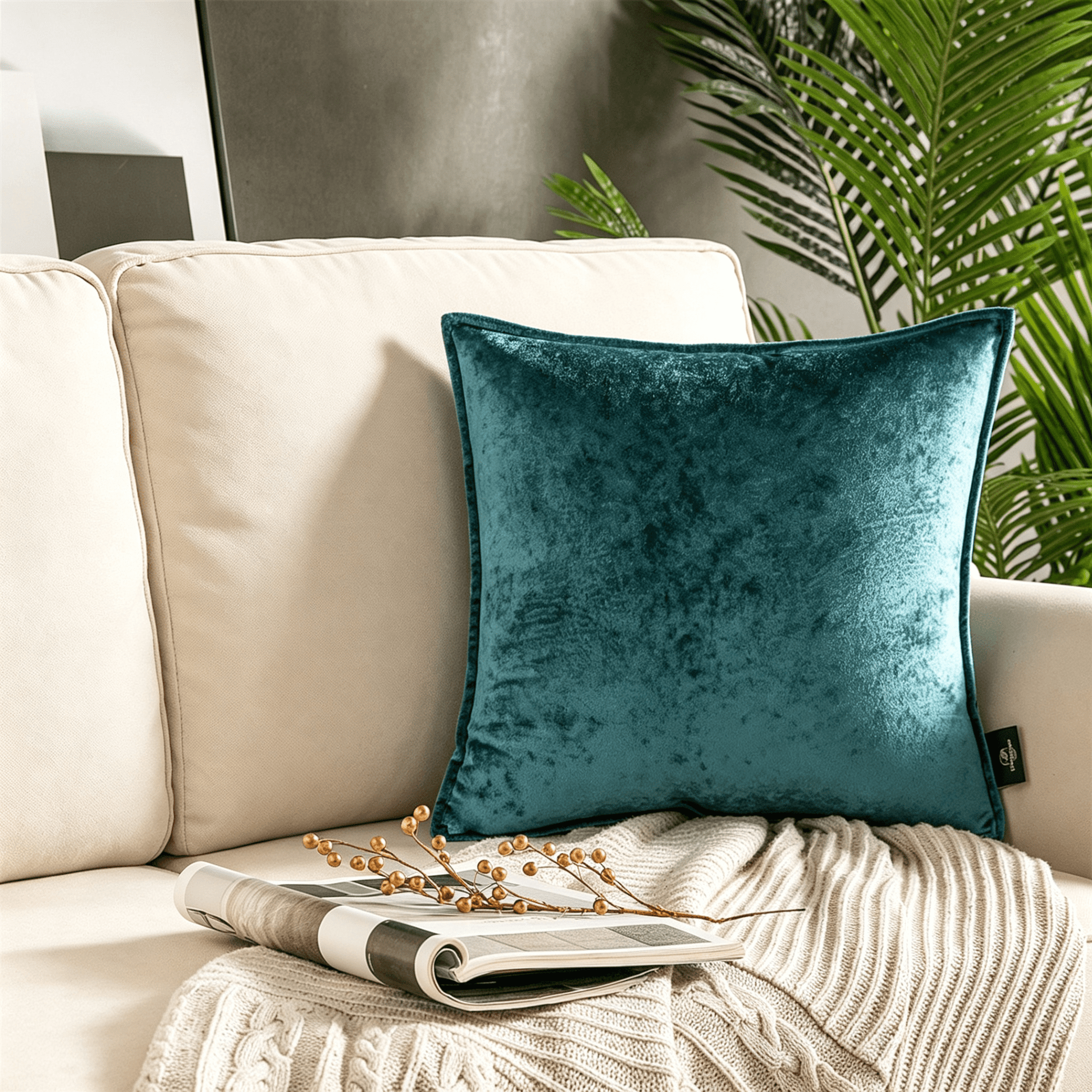 Phantoscope Patterned Velvet Decorative Throw Pillow with Tailored Edge, 18 x 18 in, Lake Blue, 1 Pack
