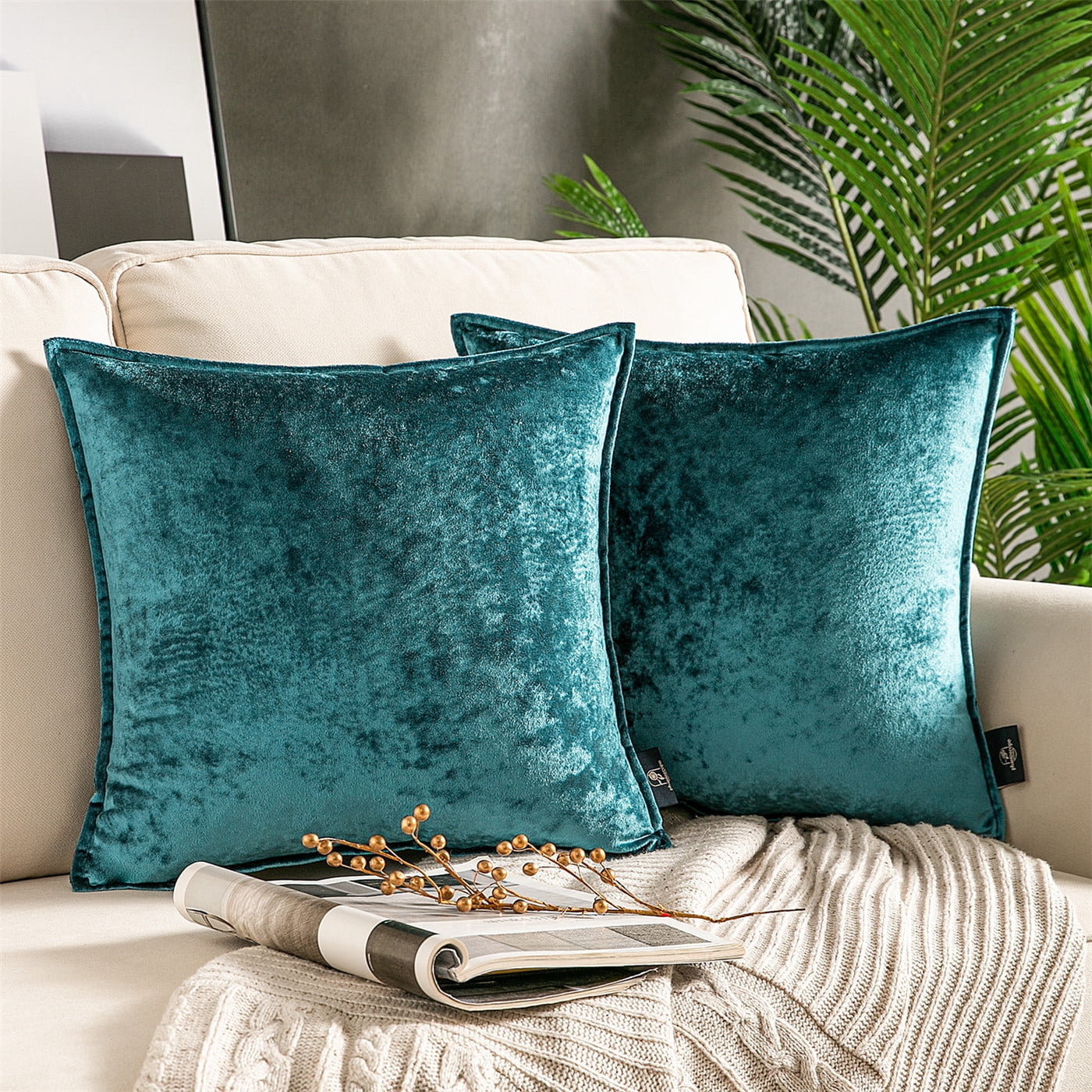 Phantoscope Patterned Velvet Decorative Throw Pillows with Tailored Edge, 18 x 18 in, Lake Blue, 2 Pack