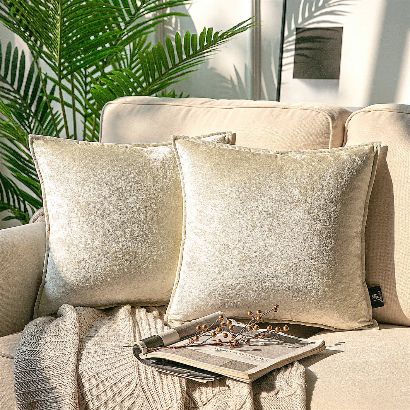 Phantoscope Patterned Velvet Decorative Throw Pillows with Tailored Edge, 18 x 18 in, Off White, 2 Pack