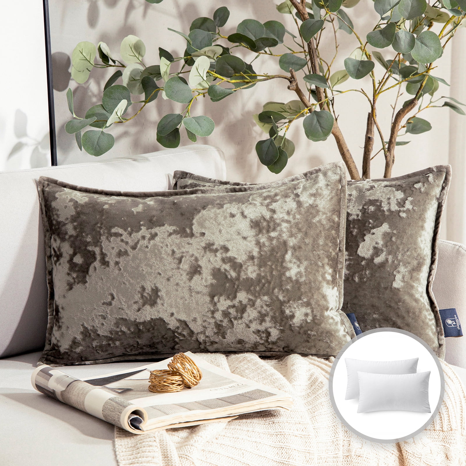 Phantoscope Patterned Velvet Tailored Edge Decorative Throw Pillow, 12" x 20", Gray, 2 Pack
