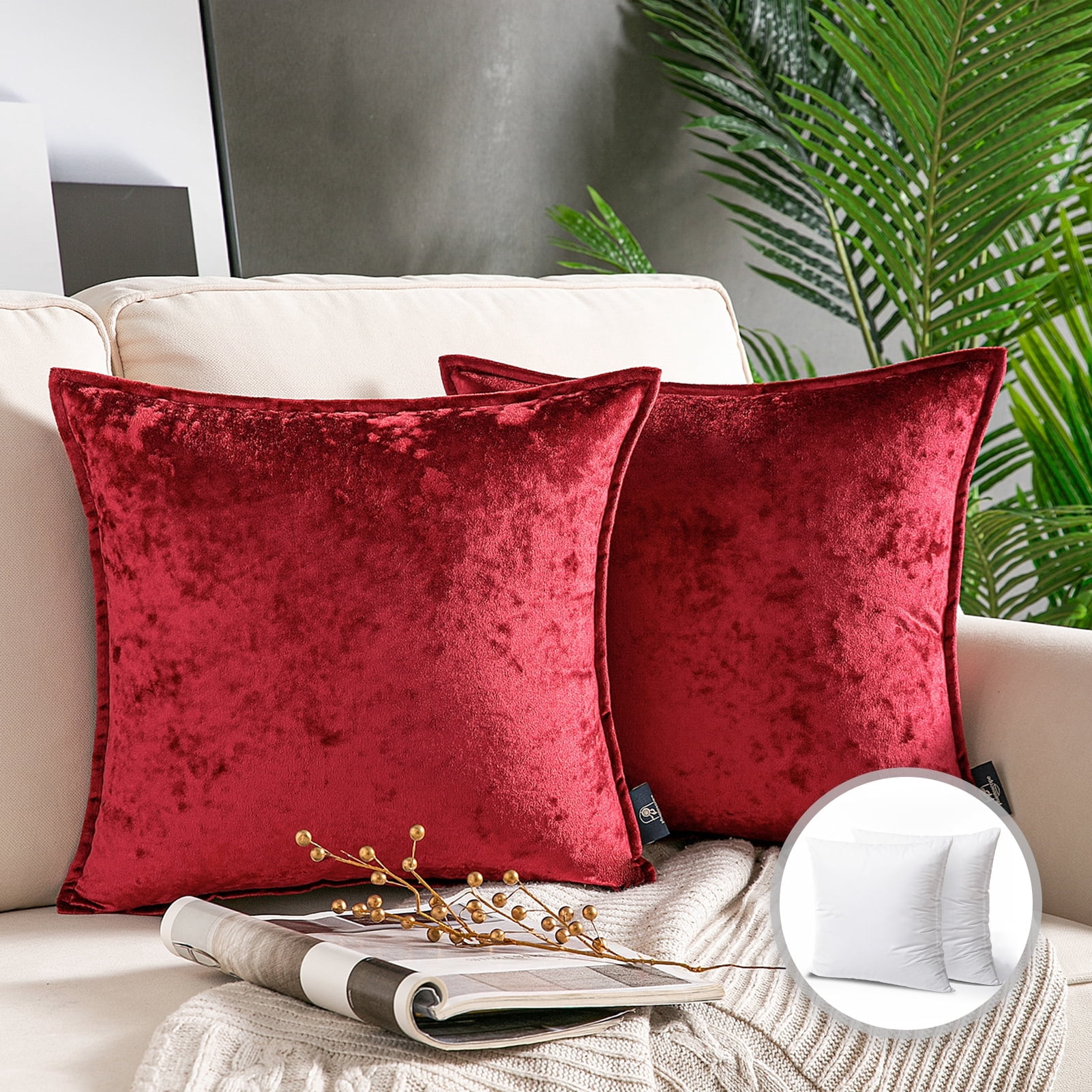 Phantoscope Patterned Velvet Tailored Edge Decorative Throw Pillow, 18" x 18", Red, 2 Pack