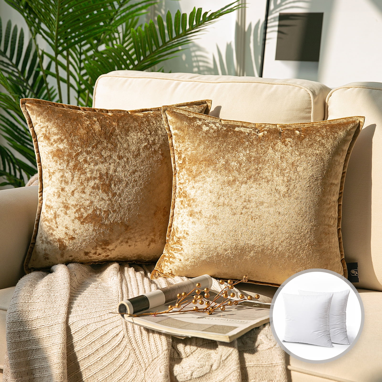 Phantoscope Patterned Velvet Tailored Edge Decorative Throw Pillow, 20" x 20", Light Brown, 2 Pack