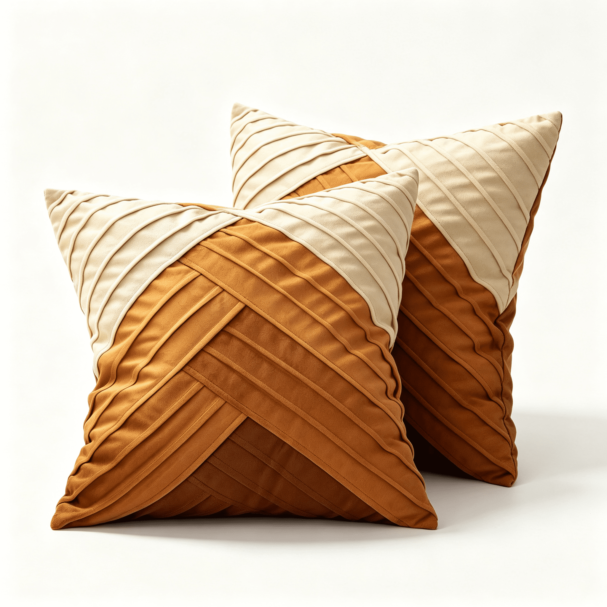 Phantoscope Pleated Velvet Geometric Throw Pillows, Chevron Patchwork Decorative Accent Pillows, Brown and Amber Gold, 18 x 18 in, Set of 2