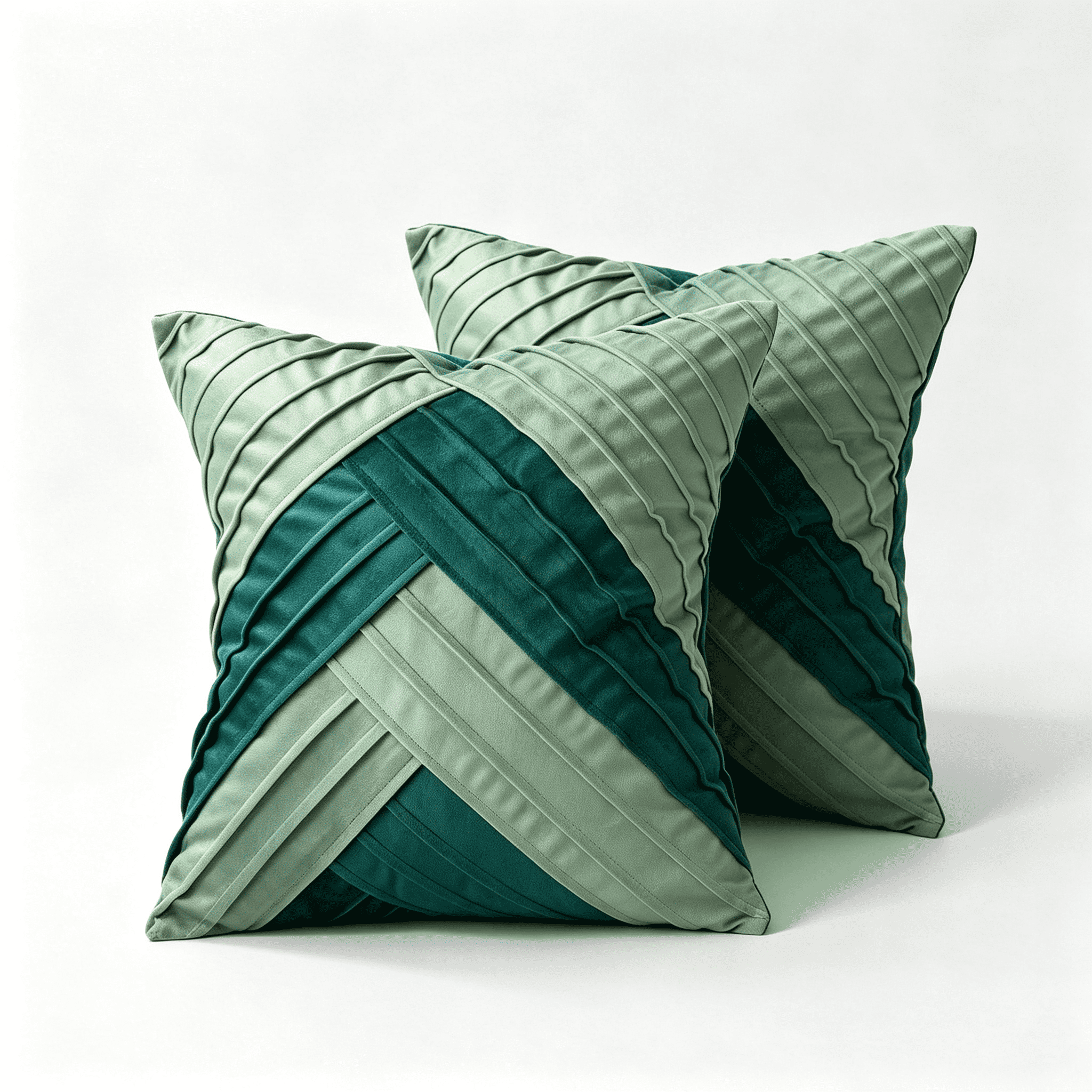 Phantoscope Pleated Velvet Geometric Throw Pillows, Chevron Patchwork Decorative Accent Pillows, Sage and Teal Green, 18 x 18 in, Set of 2
