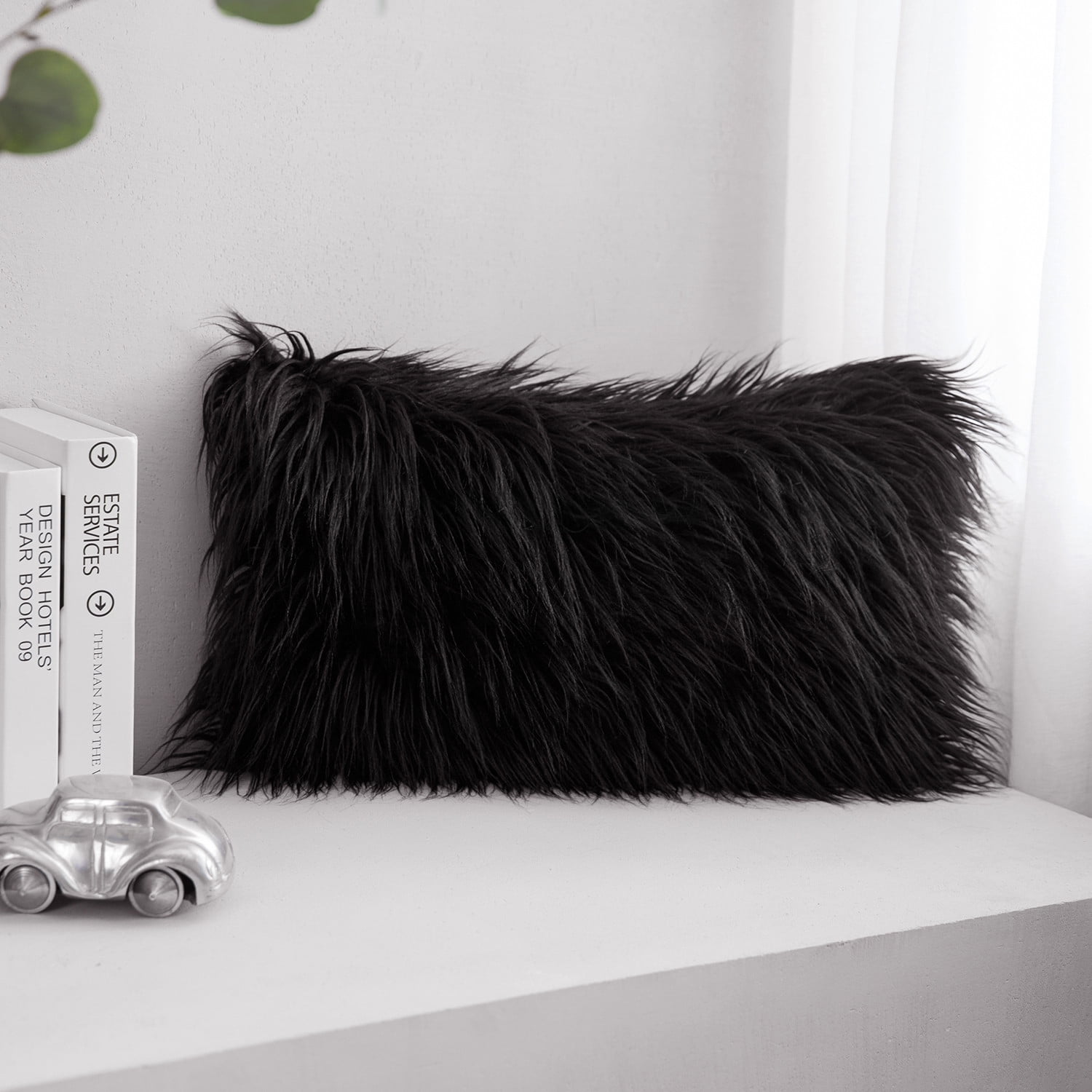 Phantoscope Plush Faux Fur Full Throw Pillow with Insert, 12"x20", Black, 1 Pack