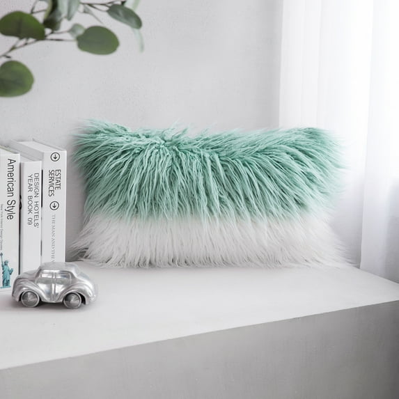 Phantoscope Plush Faux Fur Full Throw Pillow with Insert, 12"x20", Blue and White, 1 Pack
