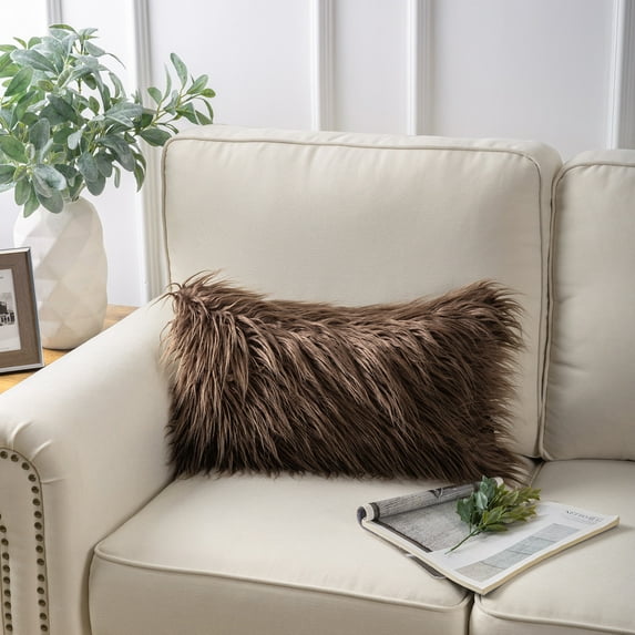 Phantoscope Plush Faux Fur Full Throw Pillow with Insert, 12"x20", Coffee, 1 Pack