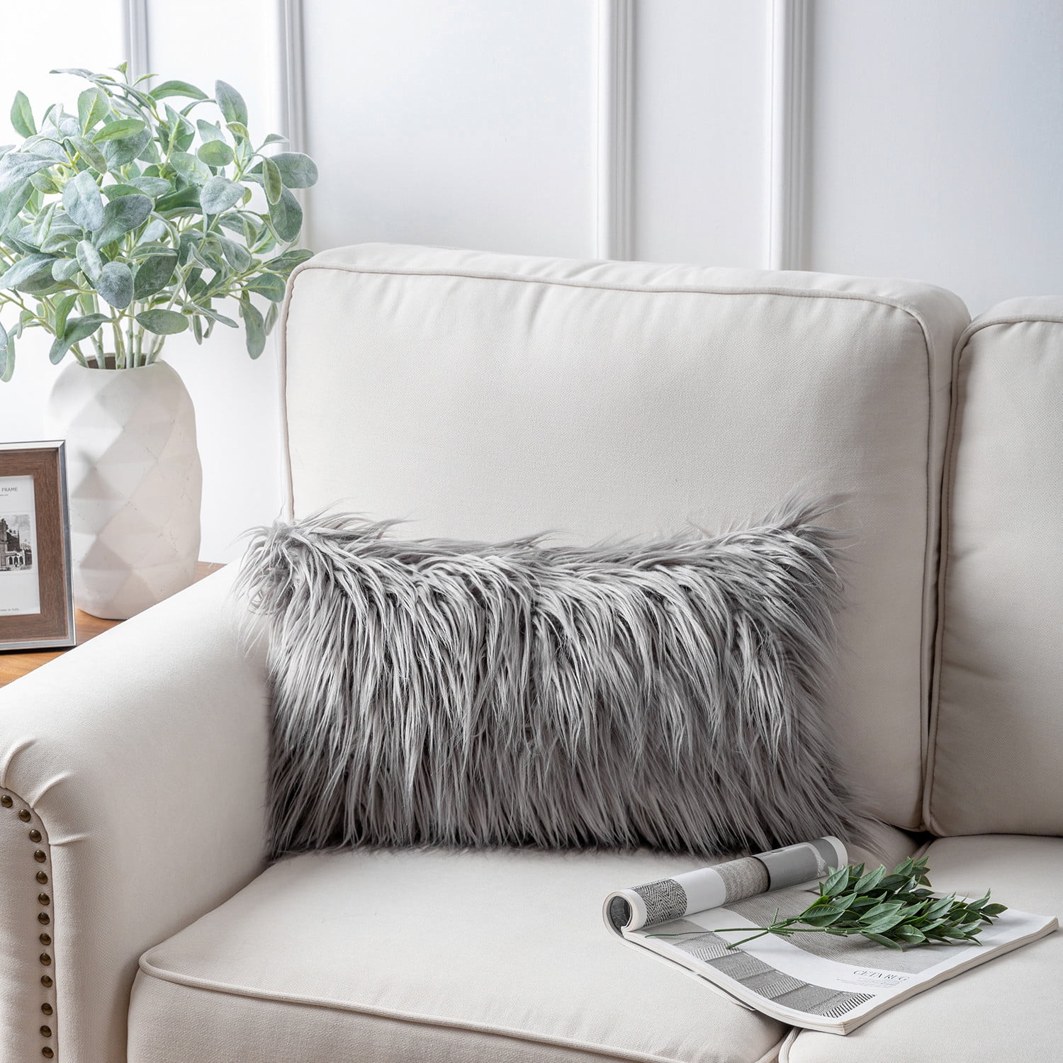 Phantoscope Plush Faux Fur Full Throw Pillow with Insert, 12"x20", Gray, 1 Pack