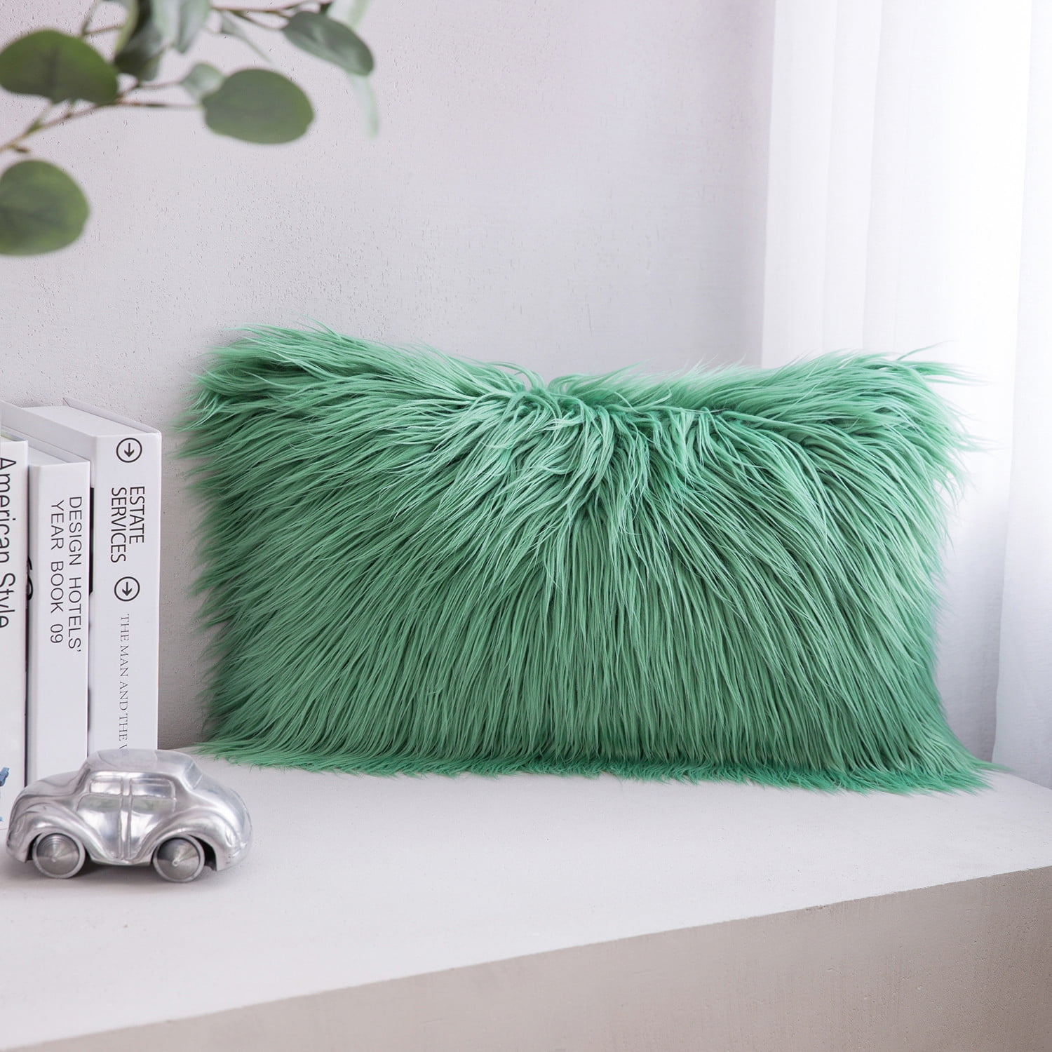 Phantoscope Plush Faux Fur Full Throw Pillow with Insert, 12"x20", Green, 1 Pack