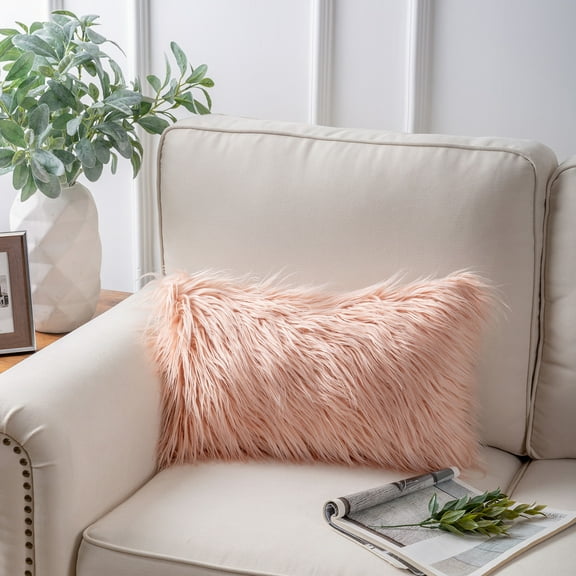 Phantoscope Plush Faux Fur Full Throw Pillow with Insert, 12"x20", Light Orange, 1 Pack