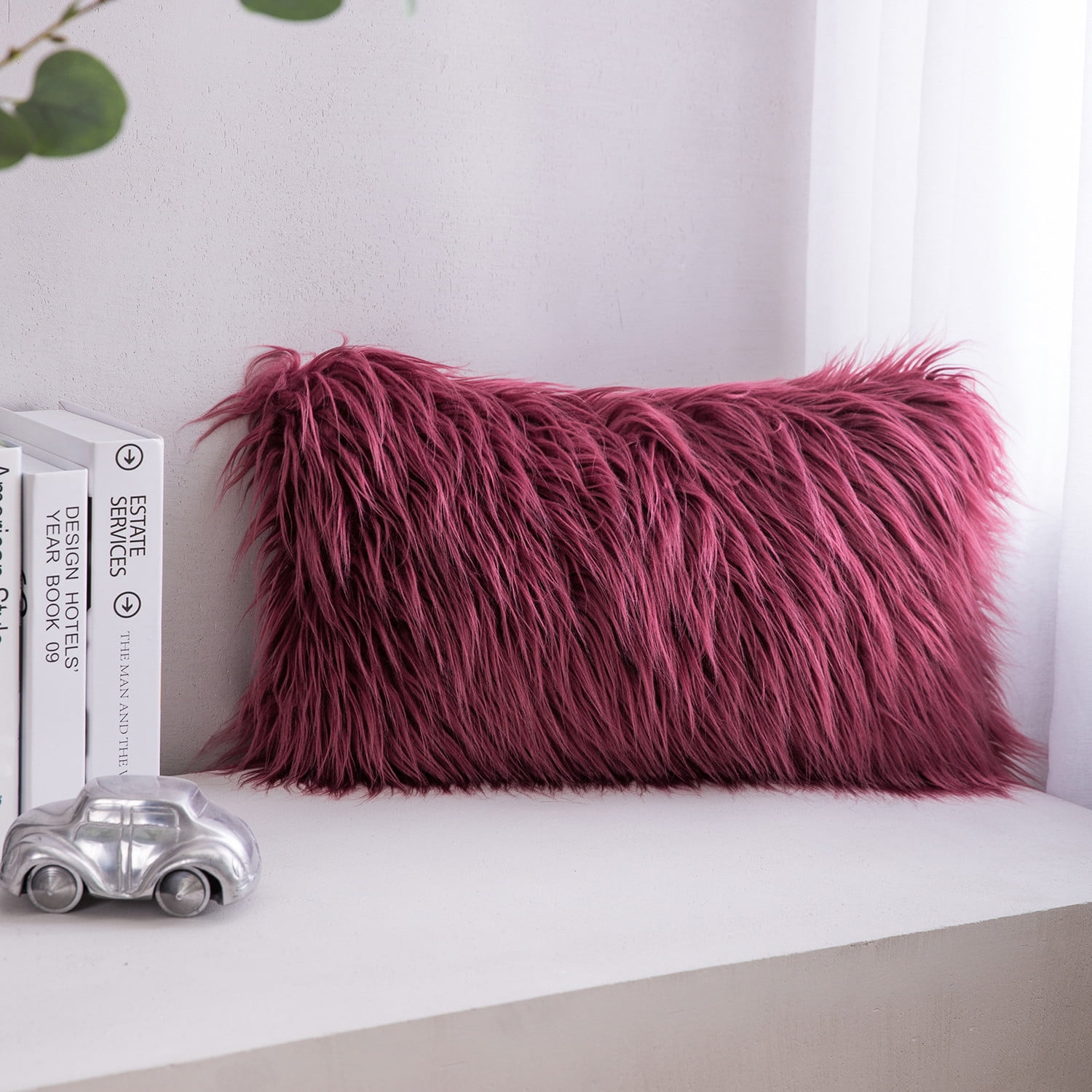 Phantoscope Plush Faux Fur Full Throw Pillow with Insert, 12"x20", Purple, 1 Pack