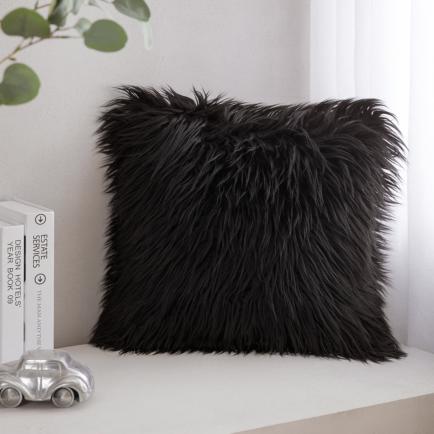 Phantoscope Plush Faux Fur Full Throw Pillow with Insert, 18"x18", Black, 1 Pack