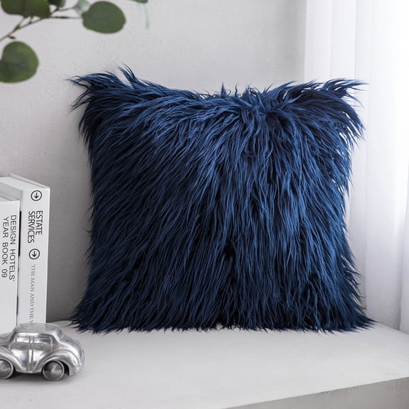 Phantoscope Plush Faux Fur Full Throw Pillow with Insert, 18"x18", Navy, 1 Pack