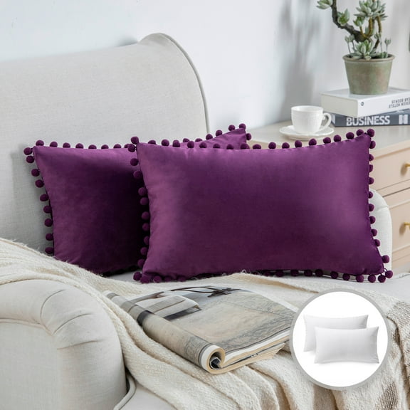 Phantoscope Pom Pom Velvet Series Decorative Throw Pillow, 12" x 20", Dark Purple, 2 Pack