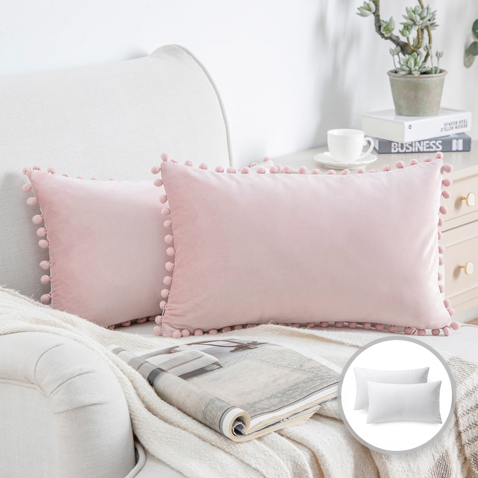 Phantoscope Pom Pom Velvet Series Decorative Throw Pillow, 12" x 20", Light Pink, 2 Pack
