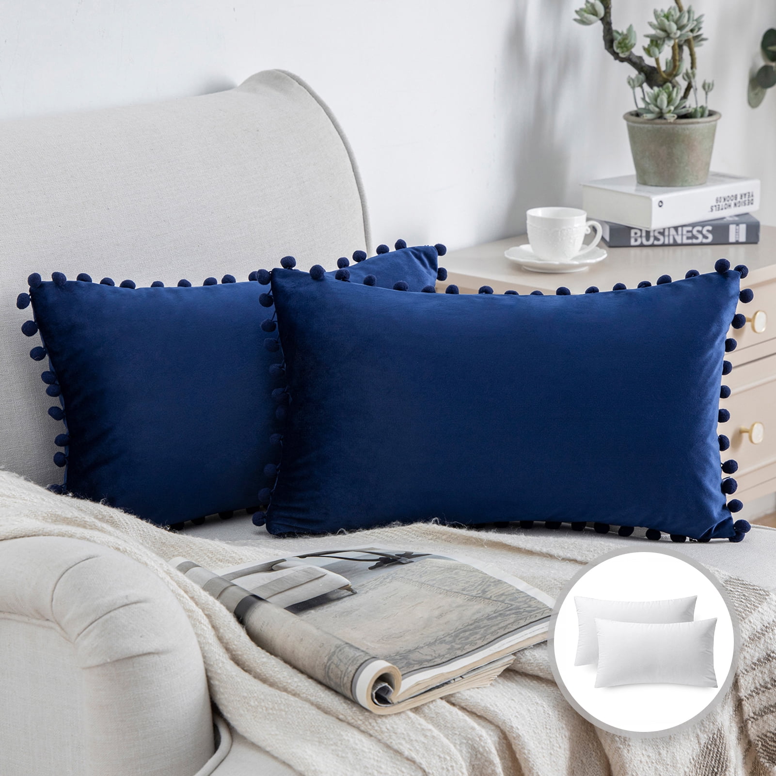 Phantoscope Pom Pom Velvet Series Decorative Throw Pillow, 12" x 20", Navy Blue, 2 Pack