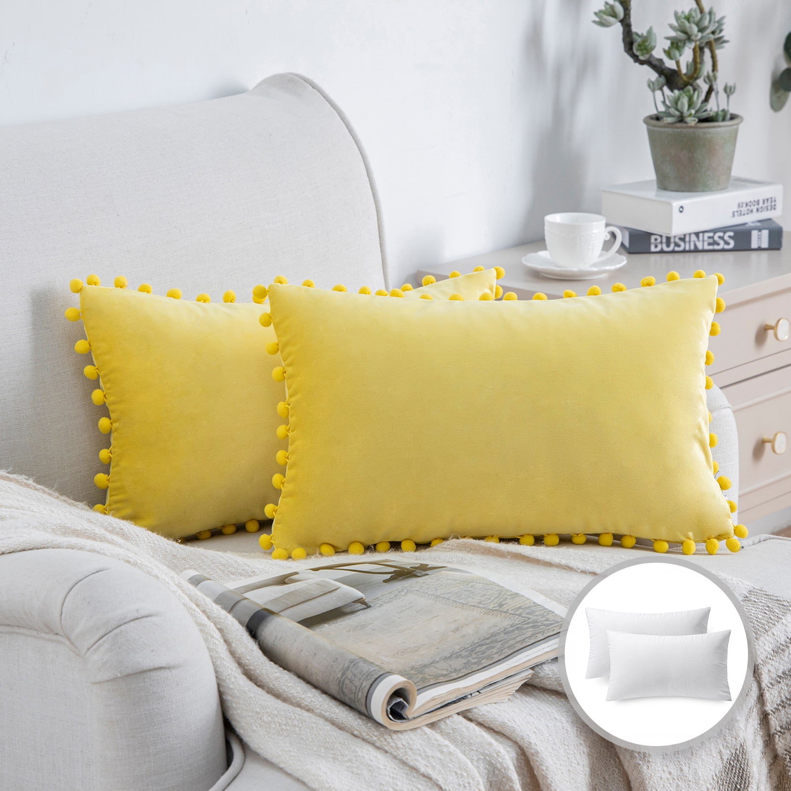 Phantoscope Pom Pom Velvet Series Decorative Throw Pillow, 12" x 20", Yellow, 2 Pack
