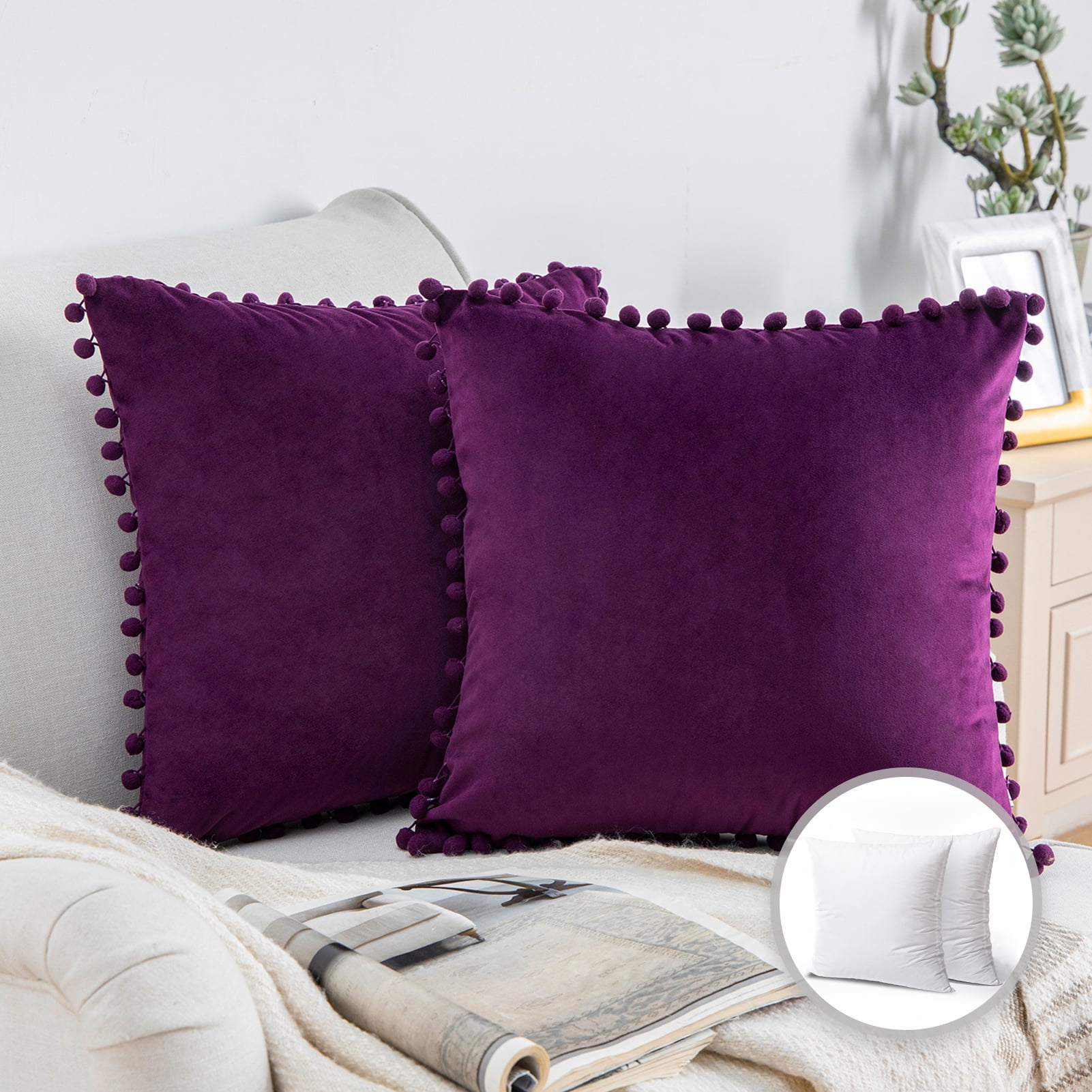 Phantoscope Pom Pom Velvet Series Decorative Throw Pillow, 18" x 18