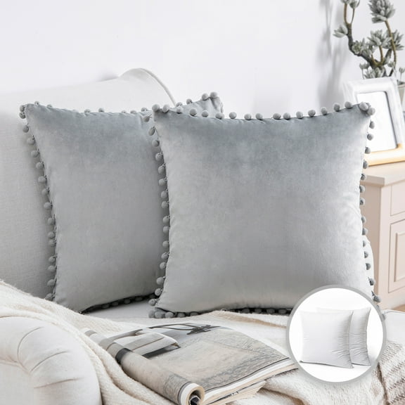 Phantoscope Pom Pom Velvet Series Decorative Throw Pillow, 18" x 18", Gray, 2 Pack