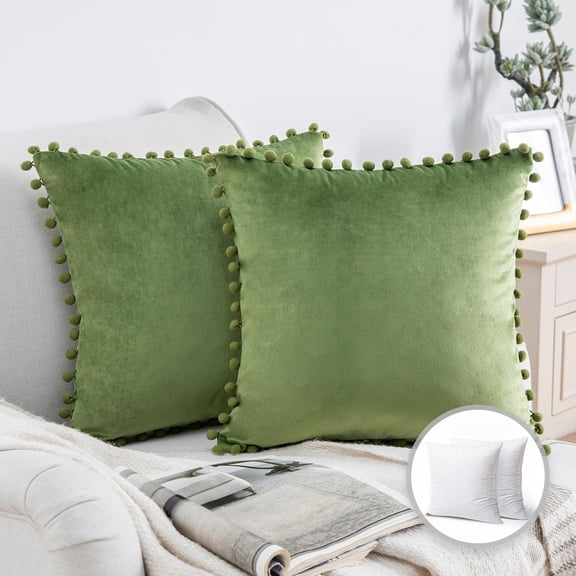 Phantoscope Pom Pom Velvet Series Decorative Throw Pillow, 18" x 18", Green, 2 Pack