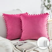 Phantoscope Pom Pom Velvet Series Decorative Throw Pillow, 18" x 18", Pink, 2 Pack