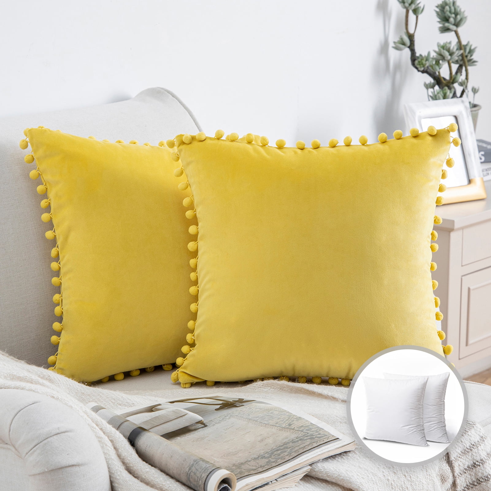 Phantoscope Pom Pom Velvet Series Decorative Throw Pillow, 18" x 18", Yellow, 2 Pack