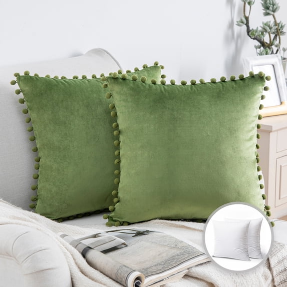 Phantoscope Pom Pom Velvet Series Decorative Throw Pillow, 20" x 20", Green, 2 Pack