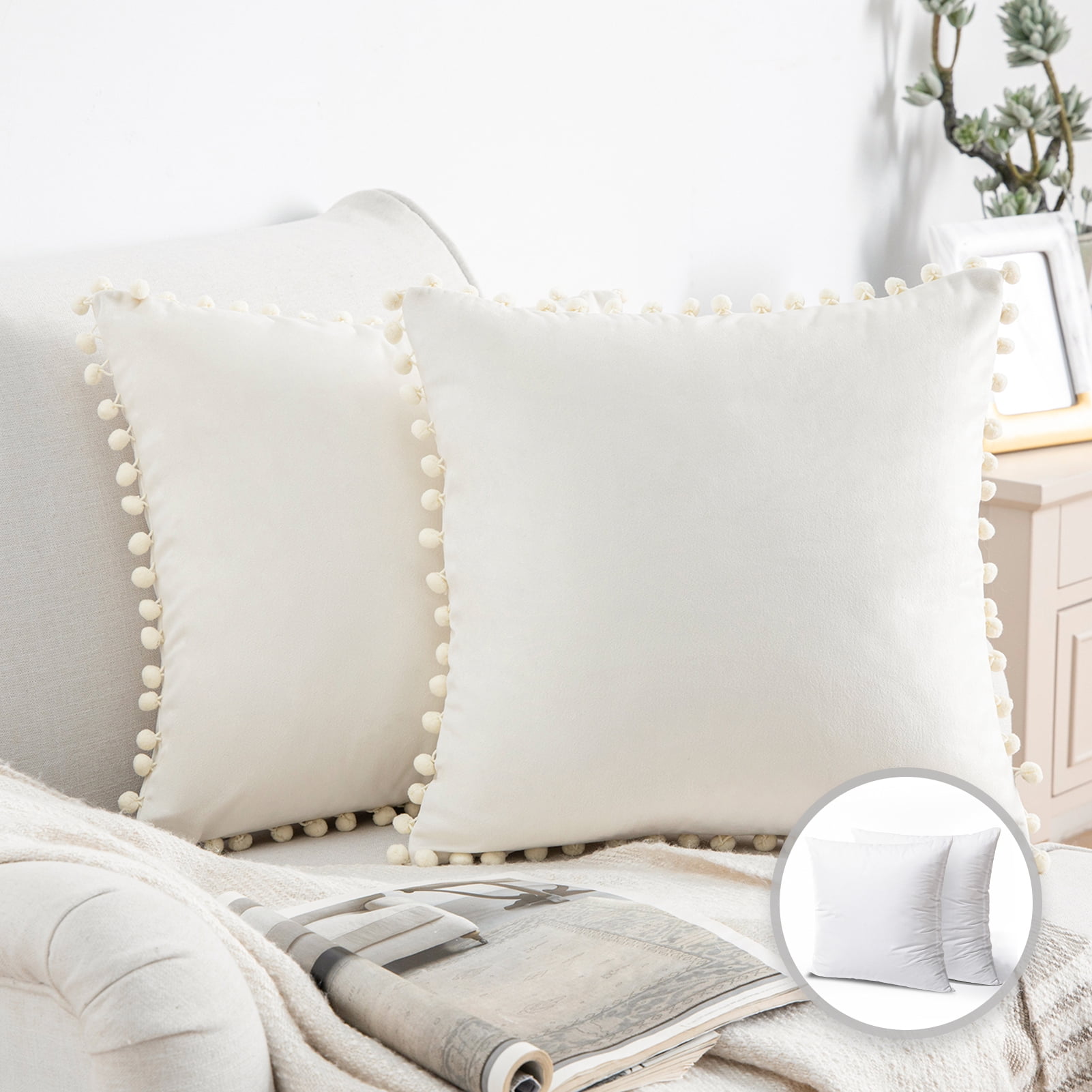 Off-White Velvet Pom Pom Decorative Throw Pillow Set, 22" x 22"