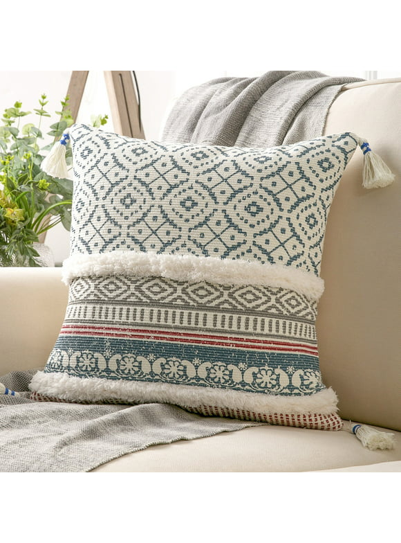 Phantoscope Printed Boho Woven Tufted with Tassel Series Decorative Throw Pillow, 18" x 18", Blue, 1 Pack